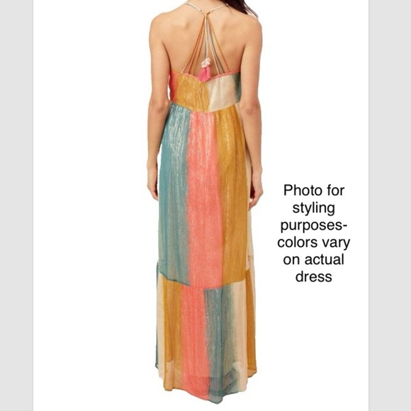 Lovestitch Colorful Halter Maxi Dress Rainbow Block Shimmery Lined Boho Glam Med - Picture 2 of 8
